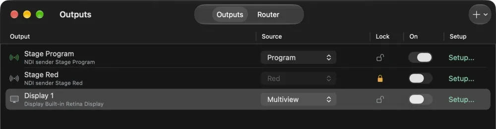 The Outputs window listing two NDI outputs and a display output, each with a source, lock and On switch