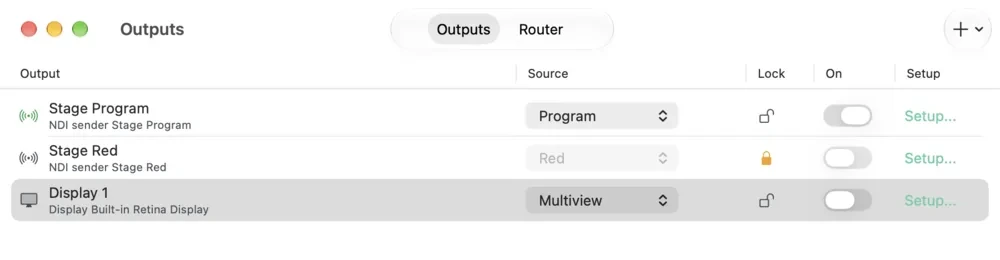 The Outputs window listing two NDI outputs and a display output, each with a source, lock and On switch