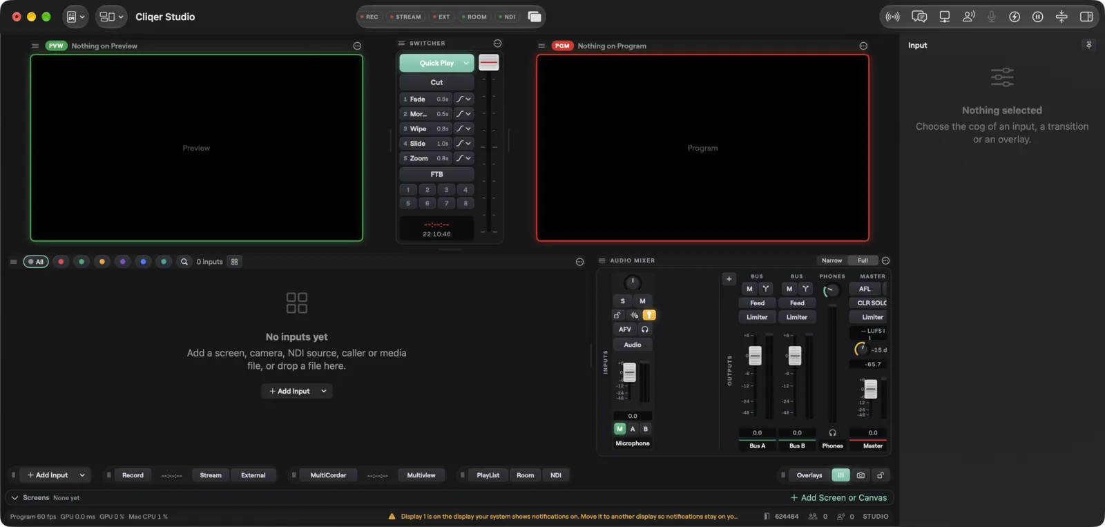 The Studio window on macOS with the Output On Main Display notice in the status bar, saying a display is on the display your system shows notifications on