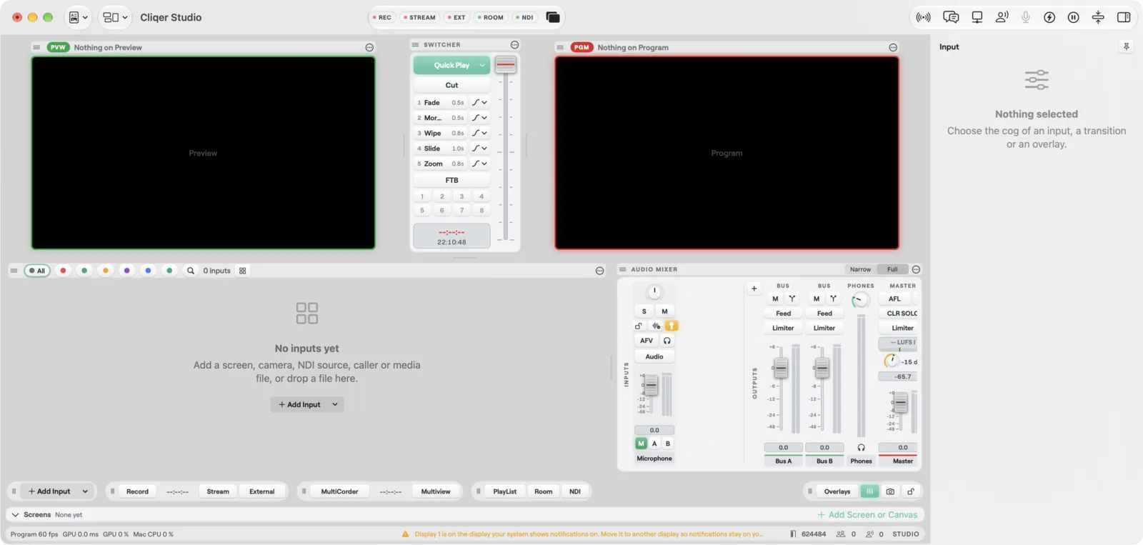 The Studio window on macOS with the Output On Main Display notice in the status bar, saying a display is on the display your system shows notifications on