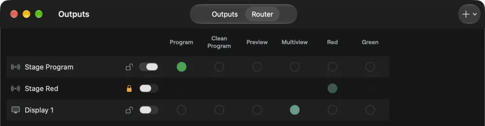 The Router tab of the Outputs window, a matrix of outputs by sources