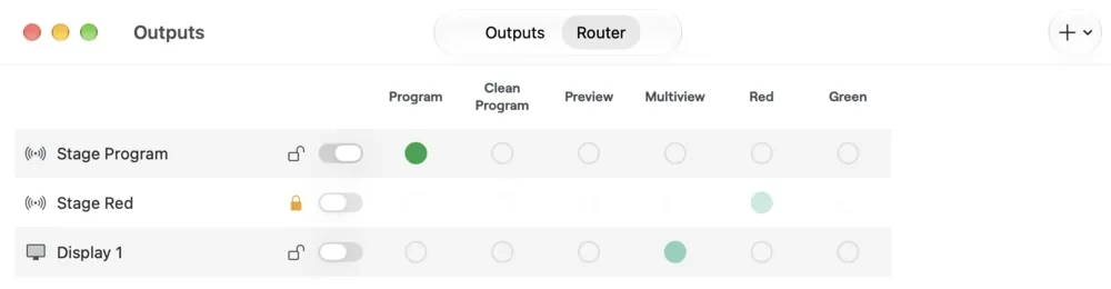 The Router tab of the Outputs window, a matrix of outputs by sources