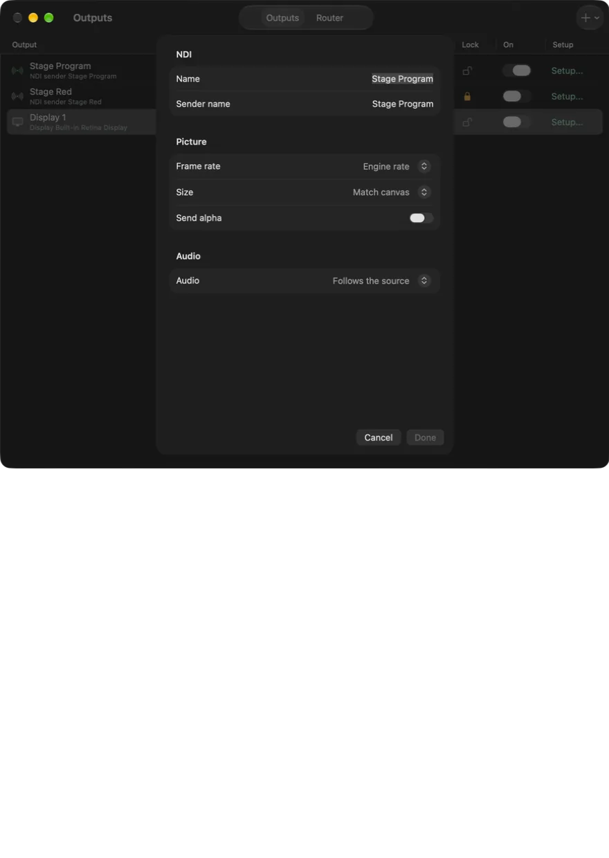 The output setup on macOS with an NDI output selected