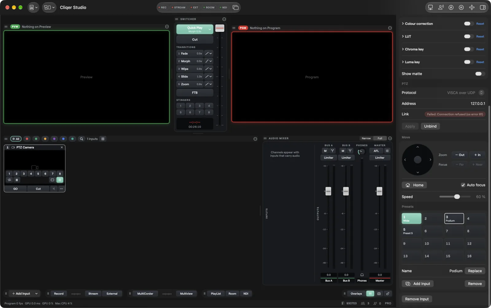The inspector of a camera with PTZ controls and presets