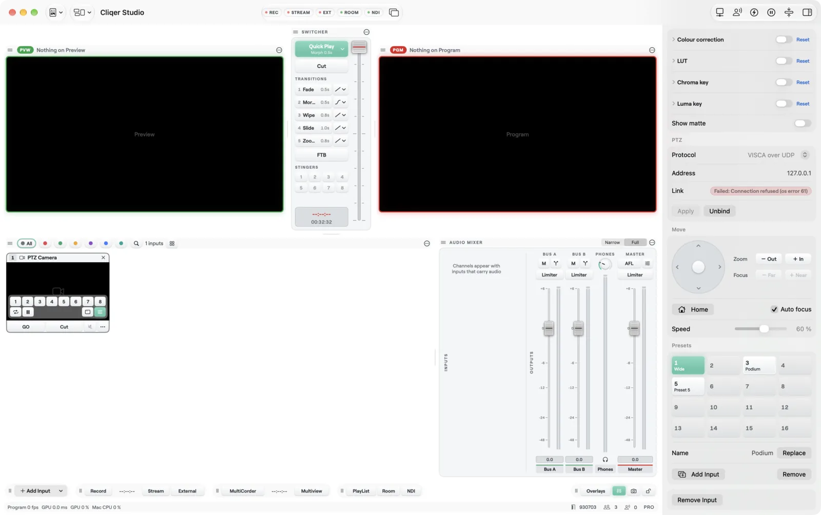 The inspector of a camera with PTZ controls and presets