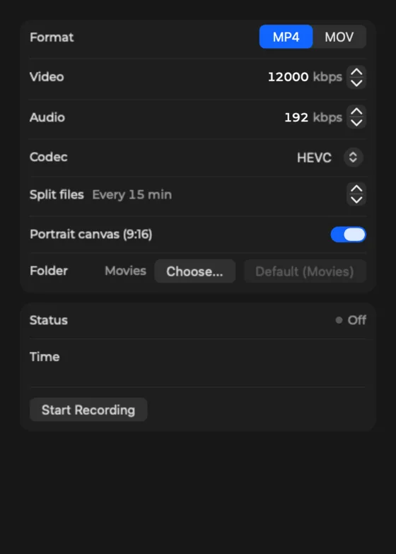 The Record popover with format, bitrates, codec, split files, portrait canvas and folder