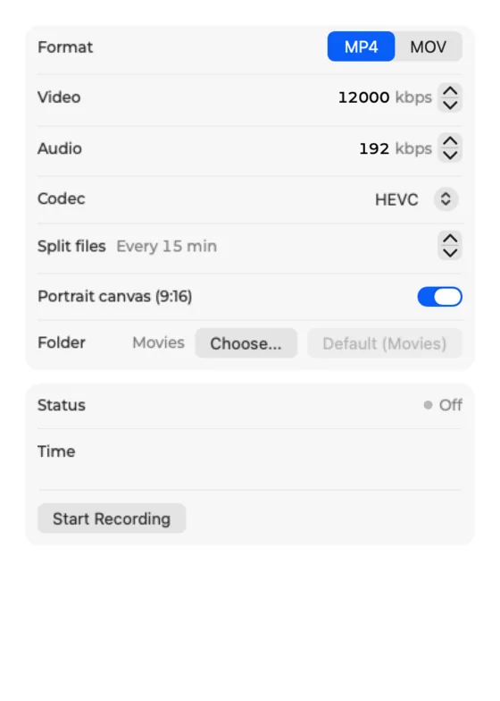 The Record popover with format, bitrates, codec, split files, portrait canvas and folder