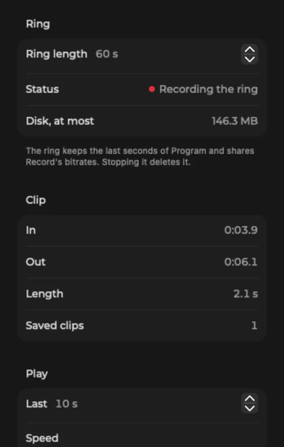The Replay popover with ring length, in and out marks, saved clips and playback