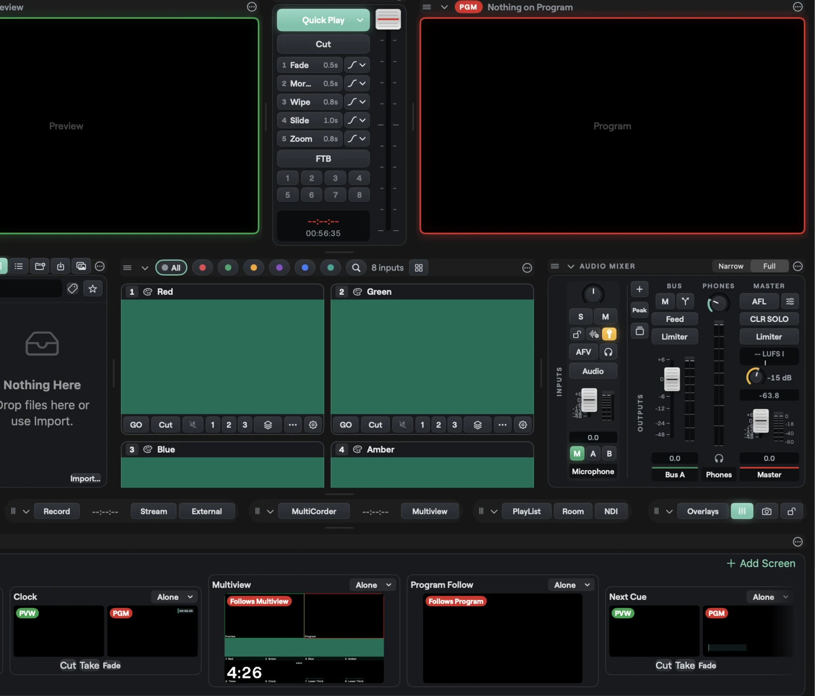 The Studio window on Mac with the Screens strip under the panels: four screen cards, Clock and Next Cue with small PVW and PGM pictures and Cut, Take and Fade keys, Multiview and Program Follow following their source, each with a link chip reading Alone