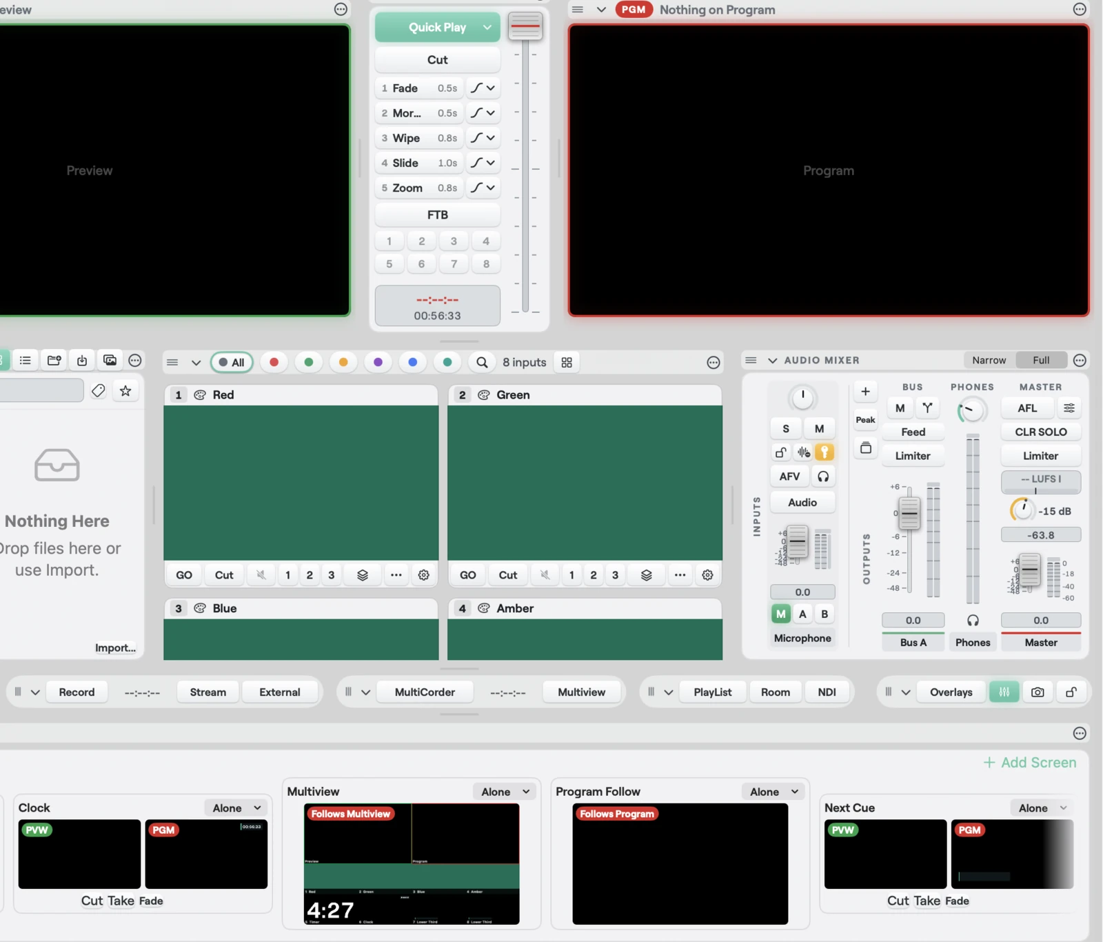 The Studio window on Mac with the Screens strip under the panels: four screen cards, Clock and Next Cue with small PVW and PGM pictures and Cut, Take and Fade keys, Multiview and Program Follow following their source, each with a link chip reading Alone