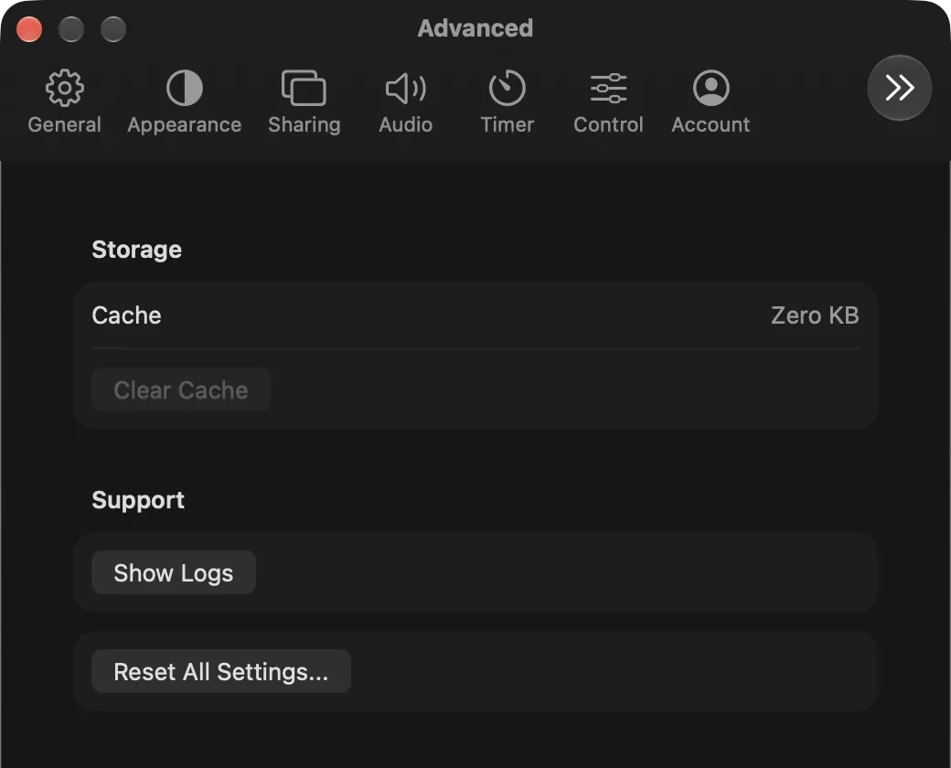 Advanced in Settings on a Mac, with the cache, logs and reset