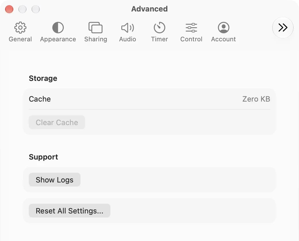 Advanced in Settings on a Mac, with the cache, logs and reset
