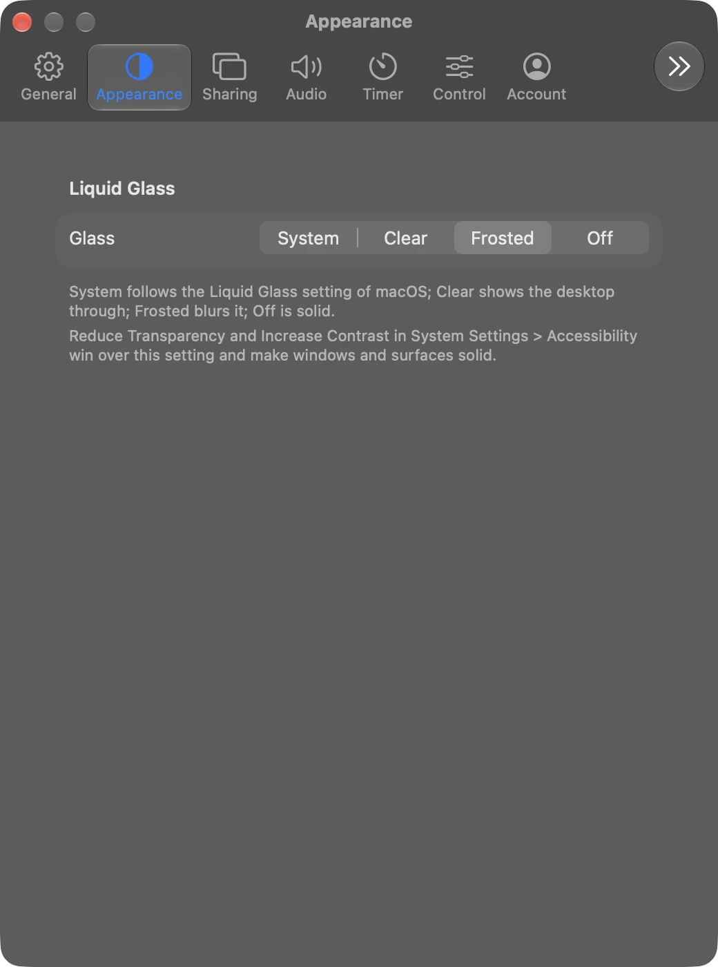 Appearance in Settings on a Mac, with the Liquid Glass options