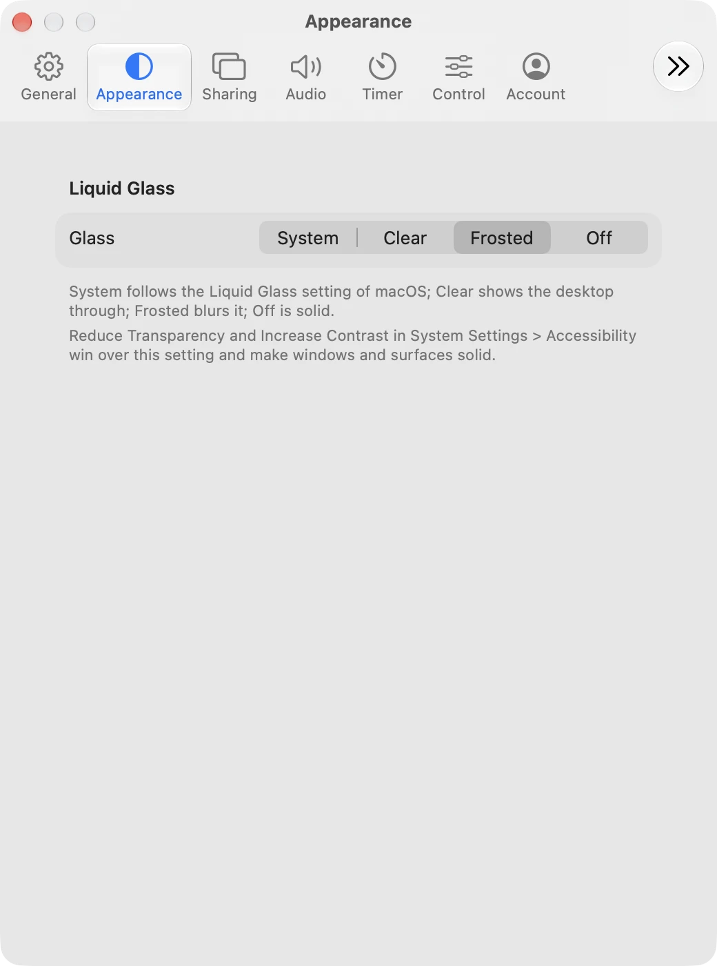 Appearance in Settings on a Mac, with the Liquid Glass options