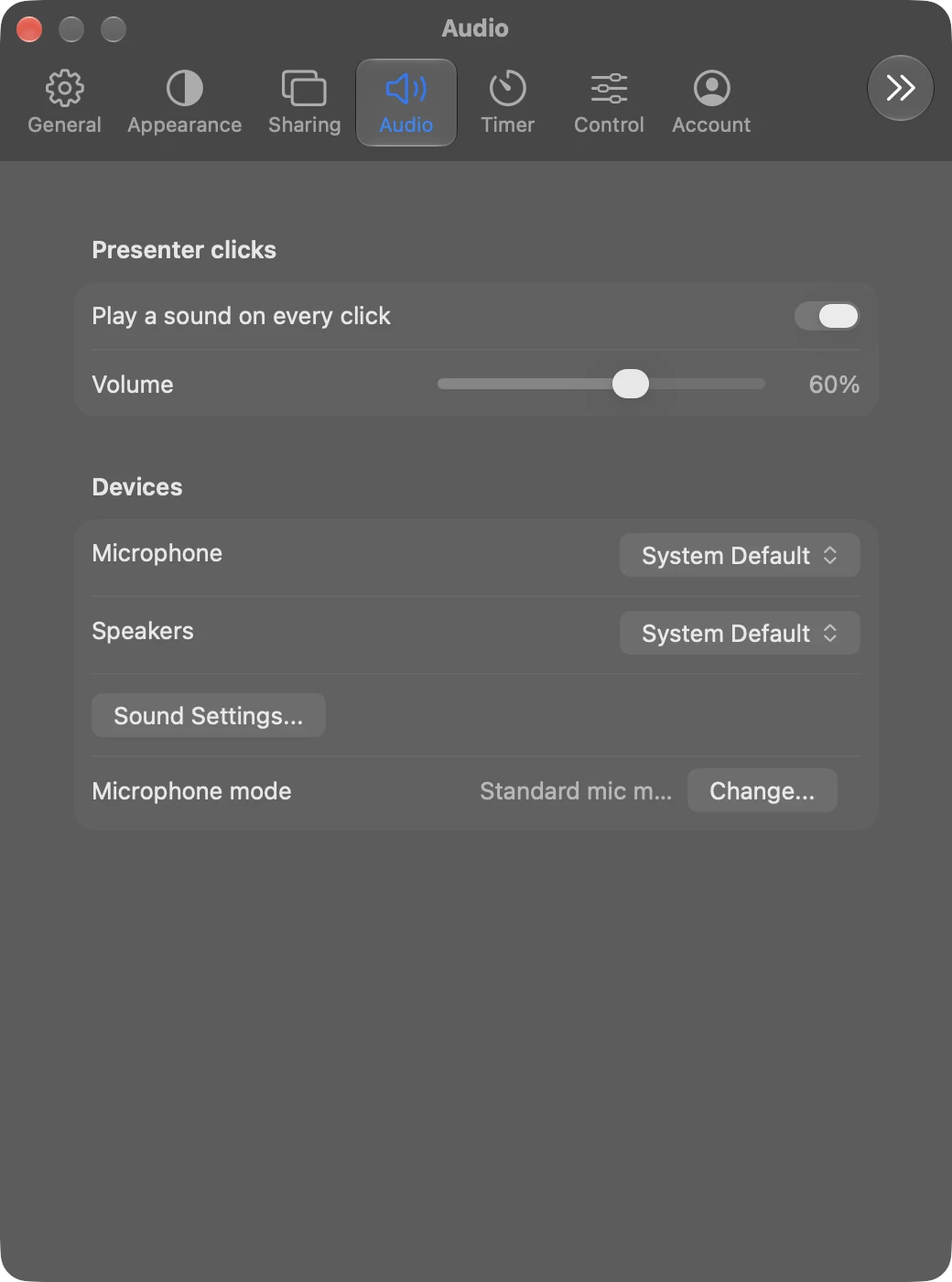 Audio in Settings on a Mac, with presenter click sounds and devices