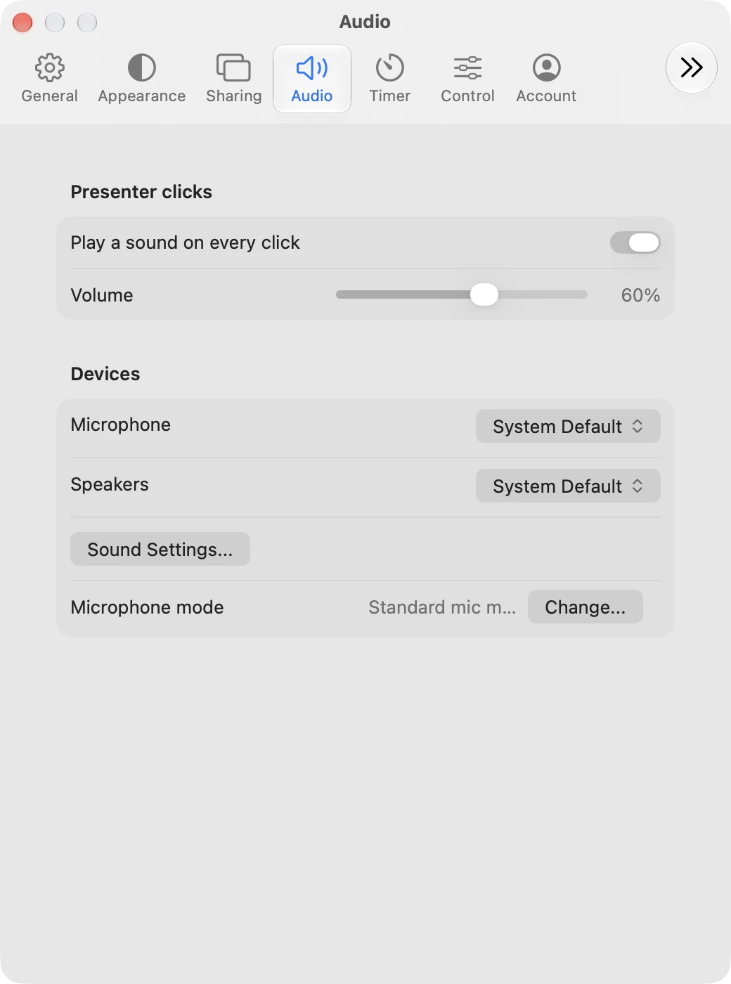Audio in Settings on a Mac, with presenter click sounds and devices