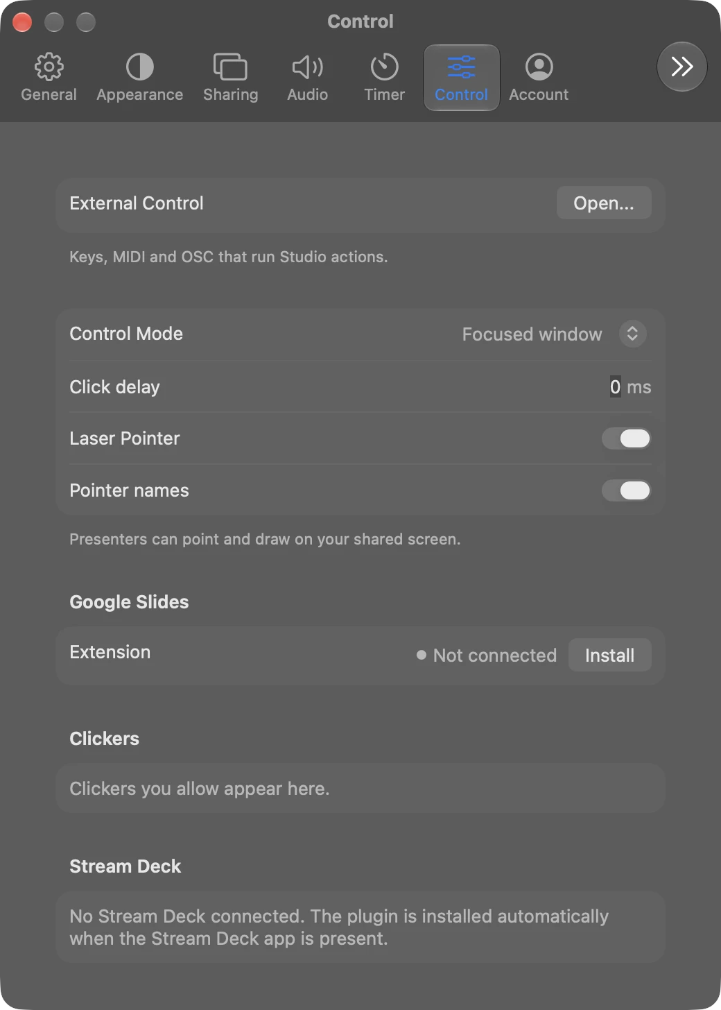 Control in Settings on a Mac, with control mode, Google Slides, clickers and Stream Deck