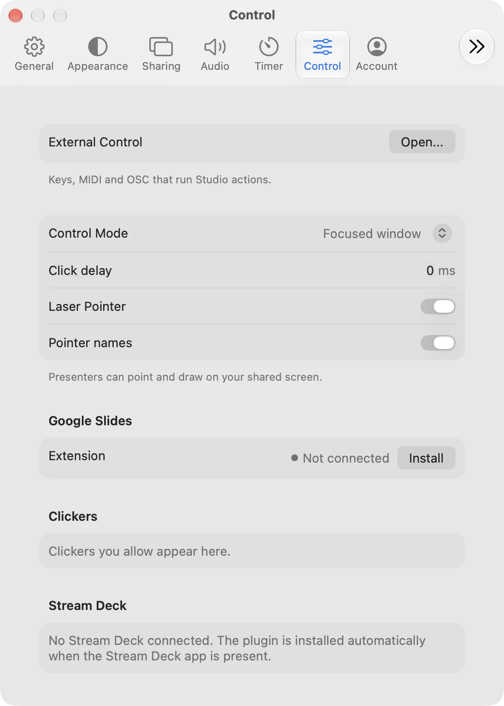 Control in Settings on a Mac, with control mode, Google Slides, clickers and Stream Deck