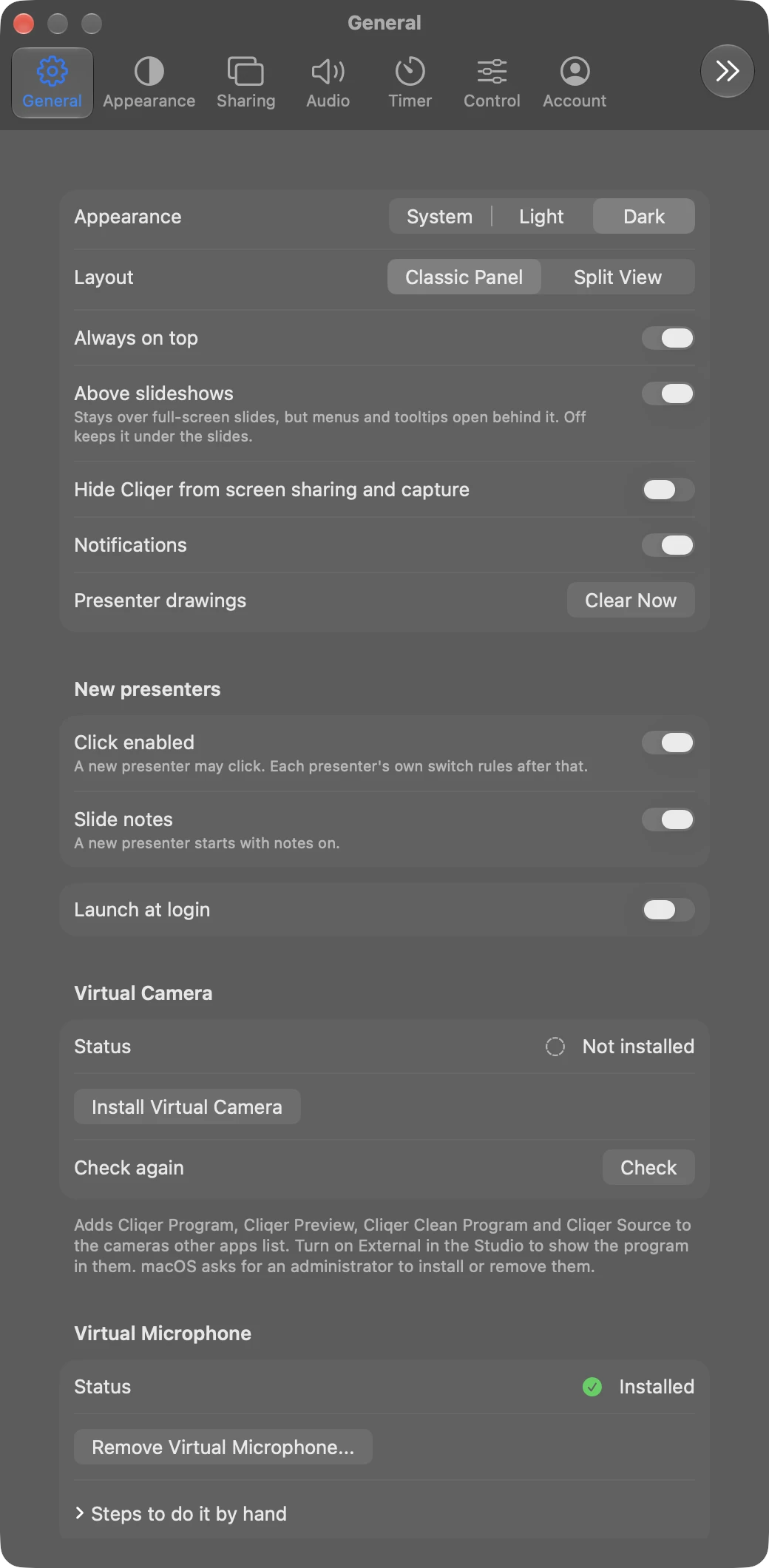 General in Settings on a Mac, with the Virtual Camera and Virtual Microphone cards