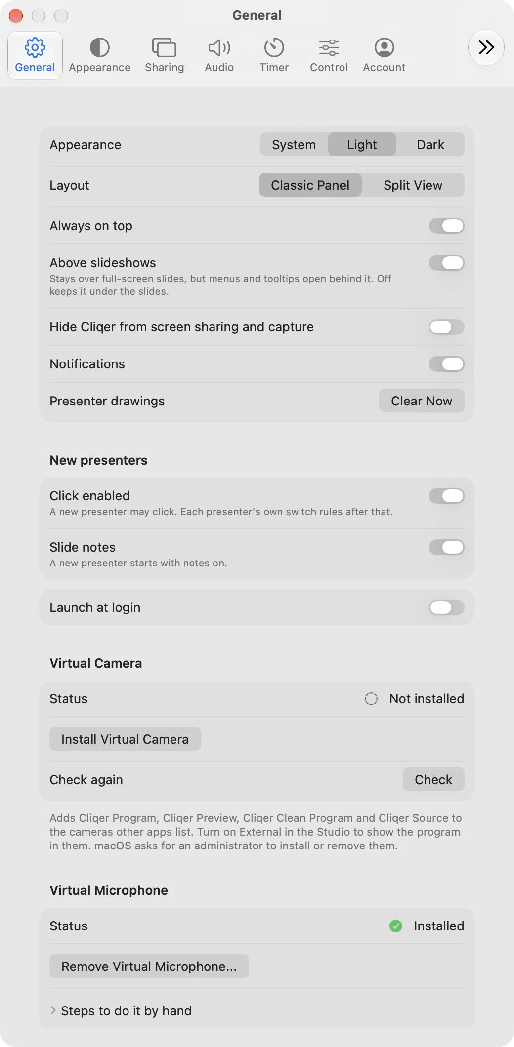 General in Settings on a Mac, with the Virtual Camera and Virtual Microphone cards
