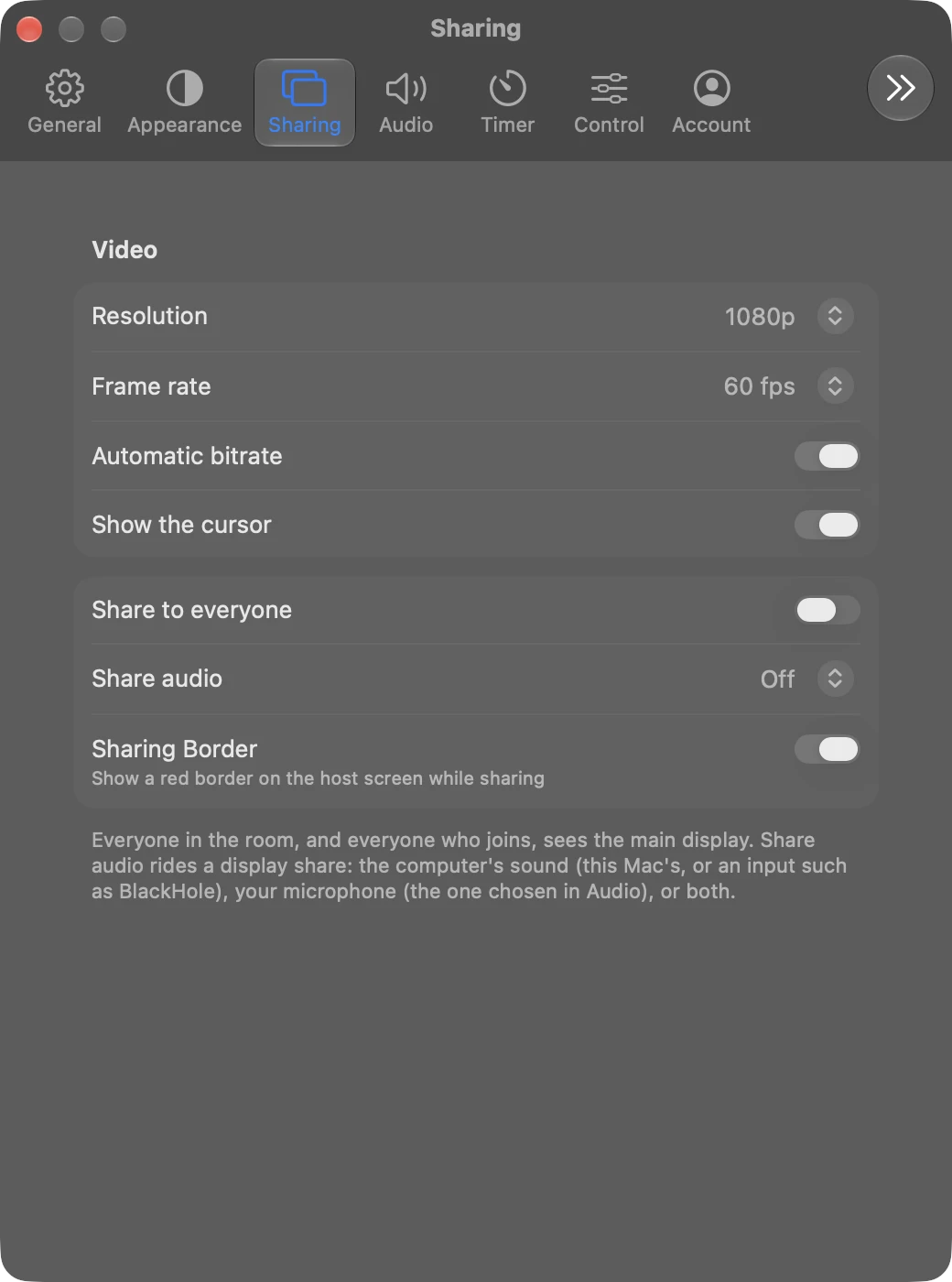 Sharing in Settings on a Mac, with resolution, frame rate, bitrate and share audio