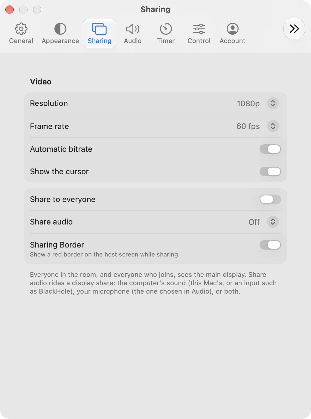 Sharing in Settings on a Mac, with resolution, frame rate, bitrate and share audio