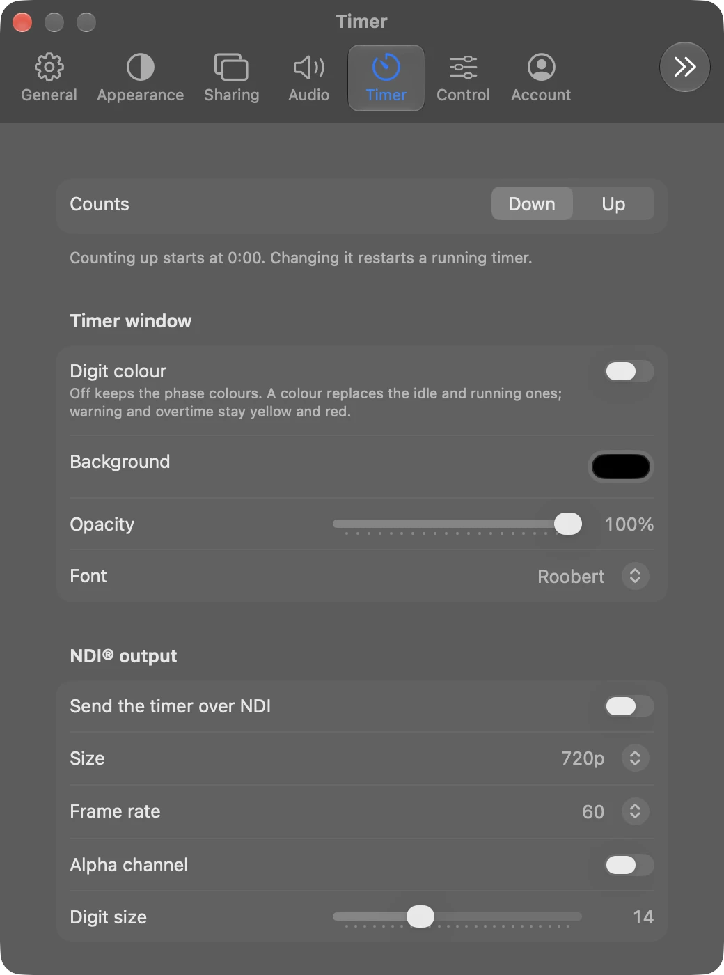 Timer in Settings on a Mac, with the timer window and NDI output options