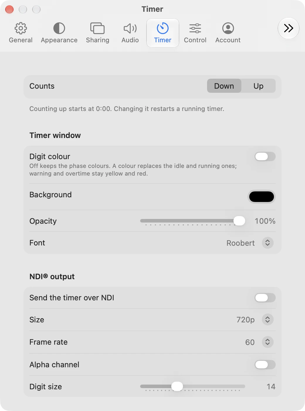 Timer in Settings on a Mac, with the timer window and NDI output options