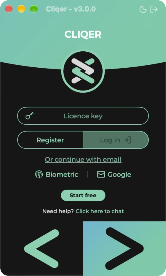 The Classic panel signed out, with the licence key field, Register and Log in, and Start free