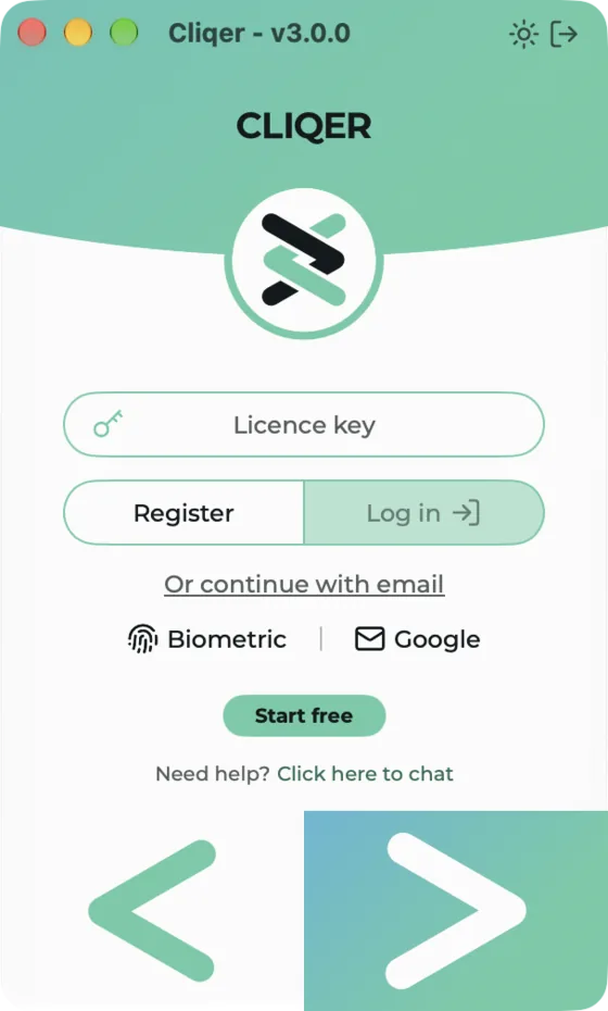The Classic panel signed out, with the licence key field, Register and Log in, and Start free