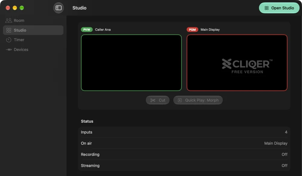 Split View, Studio section, with Preview, Program and the status list