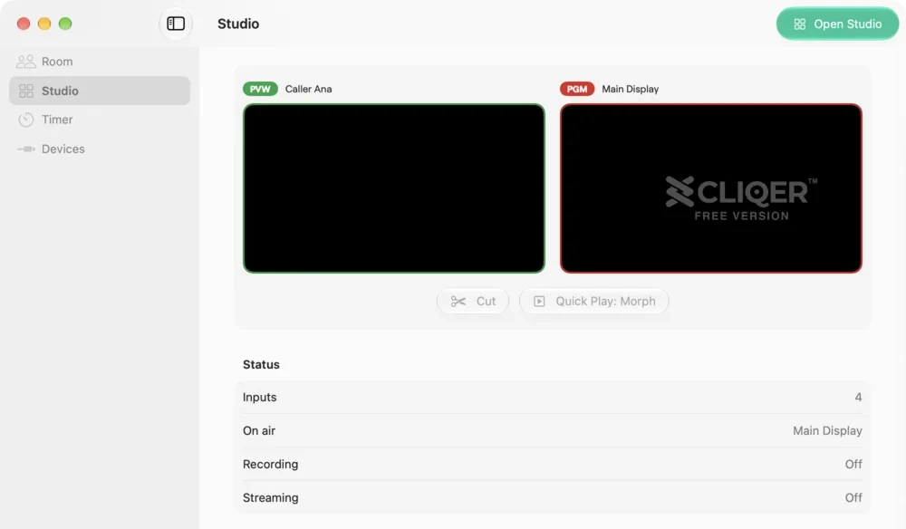 Split View, Studio section, with Preview, Program and the status list