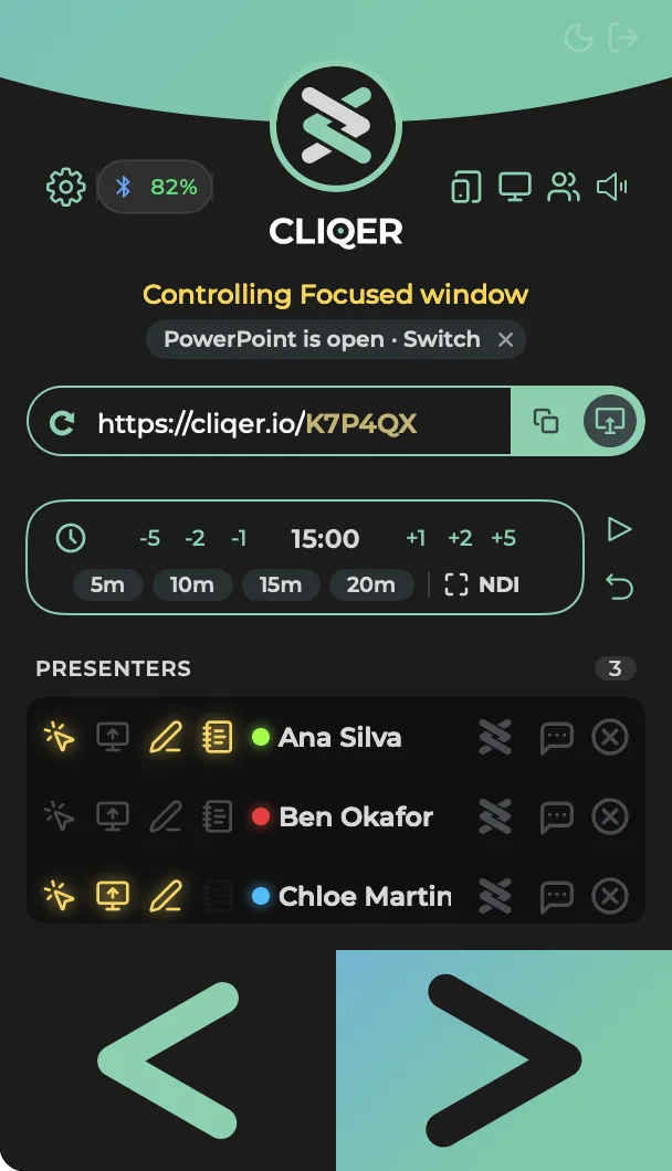 The Classic panel on macOS: Controlling Focused window with a chip below it reading PowerPoint is open, Switch, and a small x