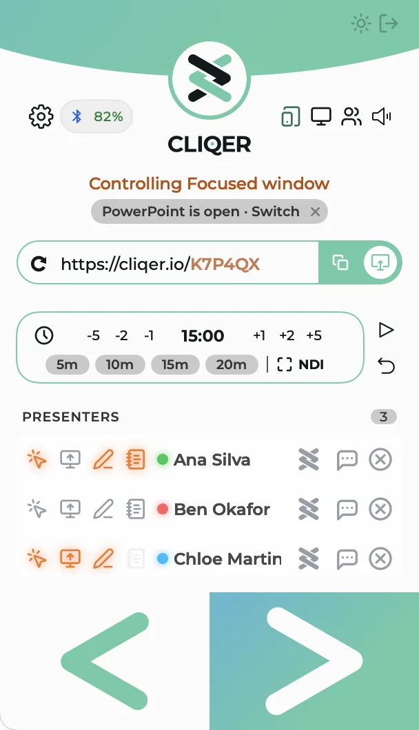 The Classic panel on macOS: Controlling Focused window with a chip below it reading PowerPoint is open, Switch, and a small x
