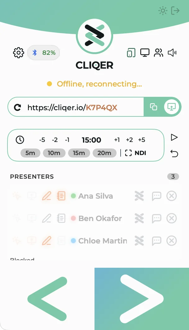 The Classic panel on macOS with an amber dot and the words Offline, reconnecting under the Cliqer logo