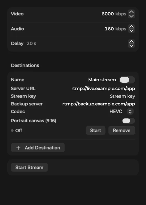 The Stream popover in Studio, where Program goes live