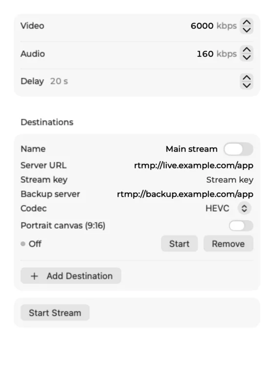 The Stream popover with bitrates, delay and a destination with a backup server