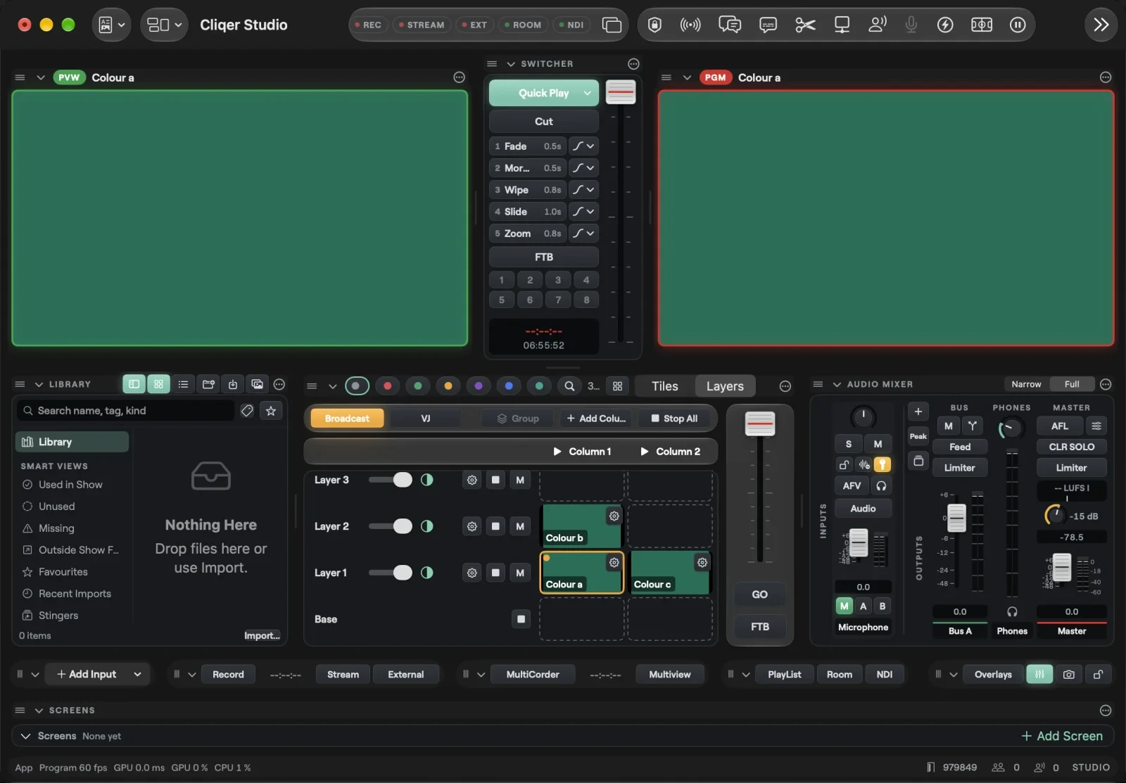 The Studio window on Mac with the Inputs panel in Layers view: the Broadcast and VJ toolbar, the fire bar with Column 1 and Column 2, rows for Layer 3, Layer 2, Layer 1 and Base with clip slots, and GO and FTB at the right