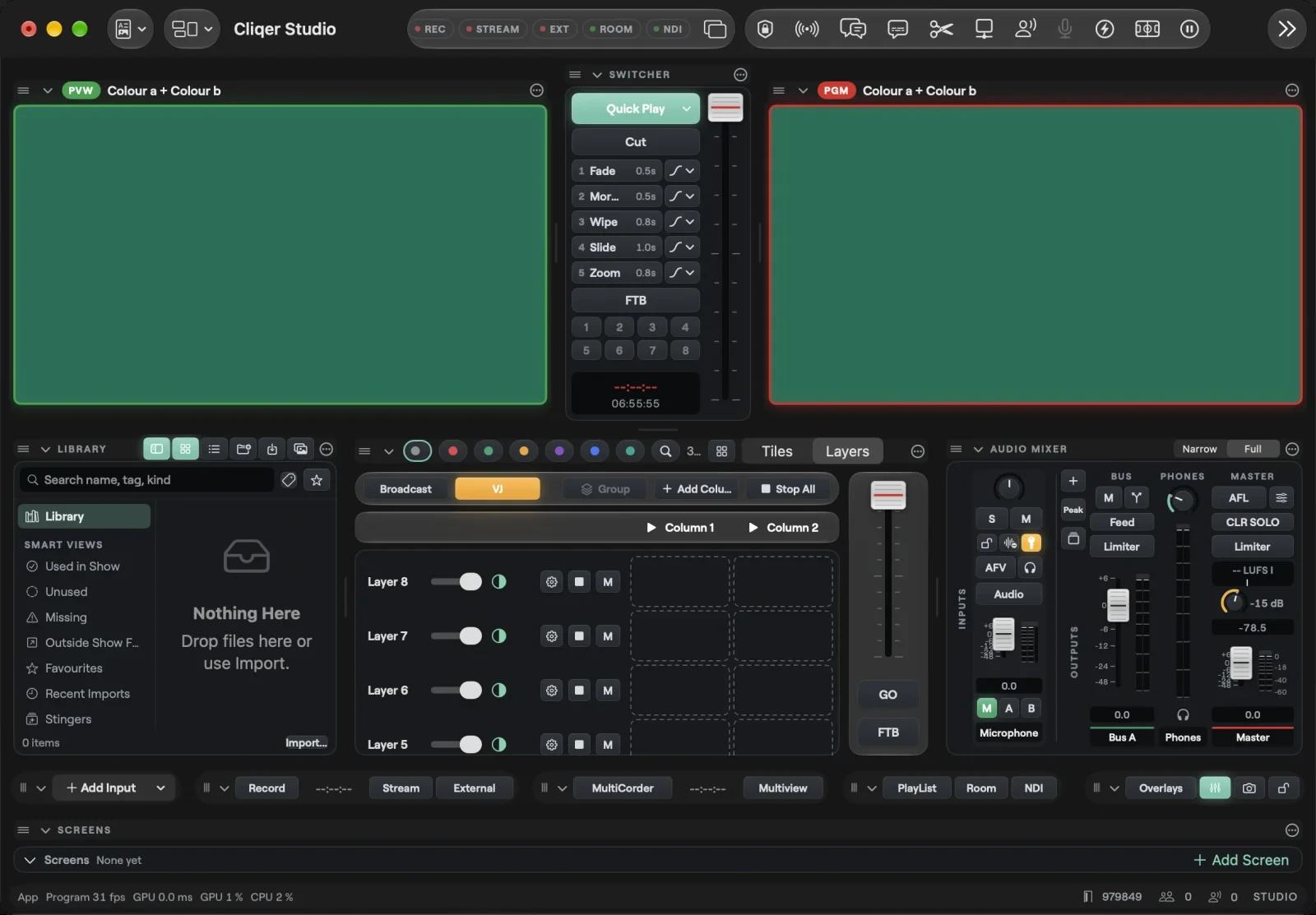 The Layers view on Mac in VJ mode: the VJ key lit amber, the fire bar with Column 1 and Column 2, and empty slots on Layer 8 down to Layer 5