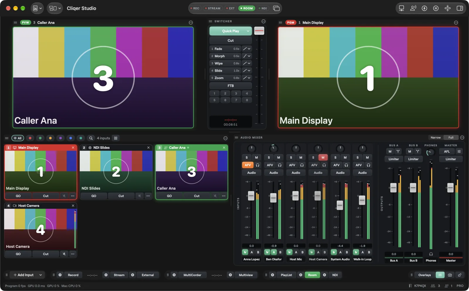 The Studio window on a Mac with Preview, Program, the switcher and the mixer