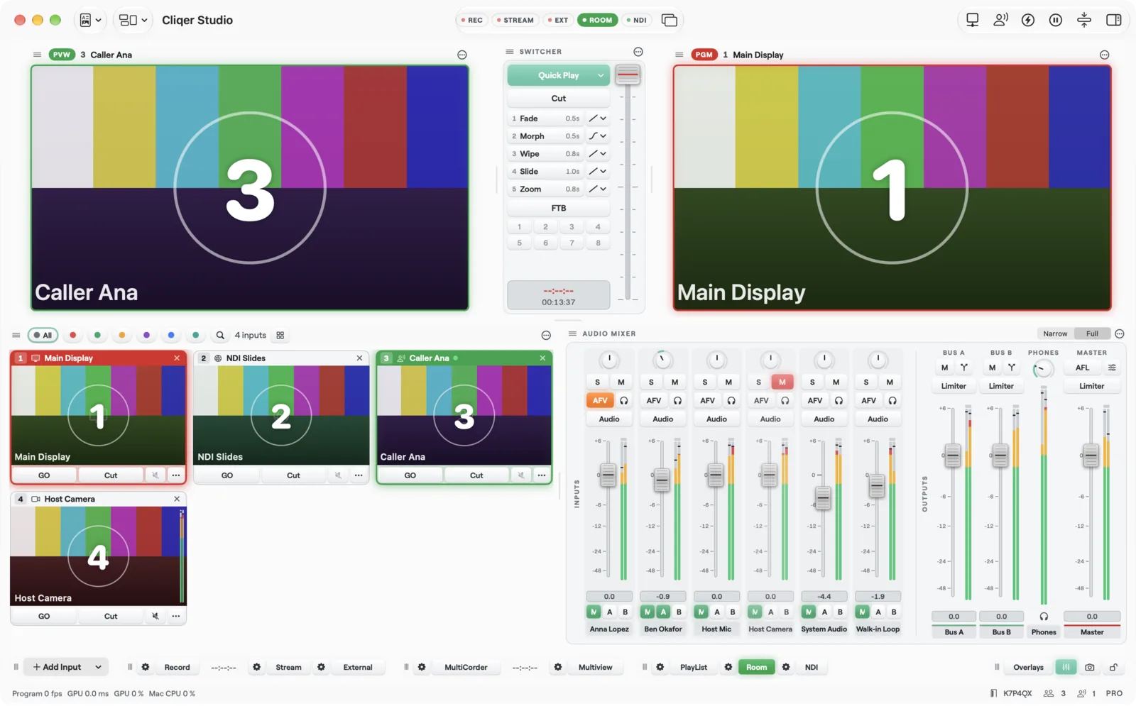 The Studio window on a Mac: Preview and Program, the switcher, input tiles, the audio mixer and the bottom bar