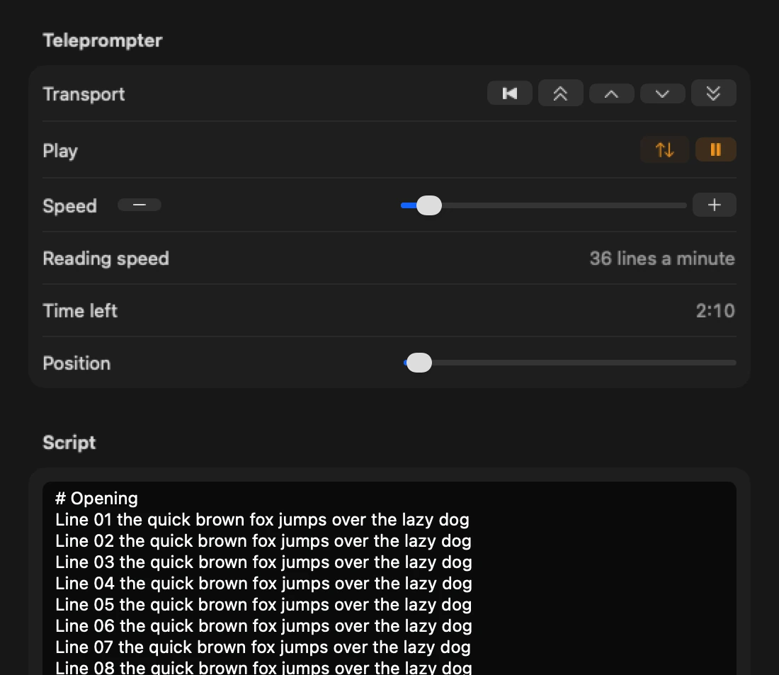 The Teleprompter inspector on Mac with the transport keys, the speed slider, the Reading speed readout and Time left counting down