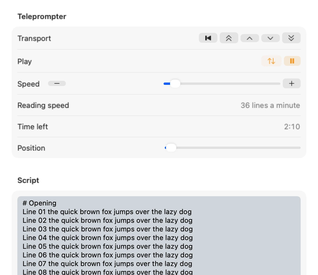 The Teleprompter inspector on Mac with the transport keys, the speed slider, the Reading speed readout and Time left counting down