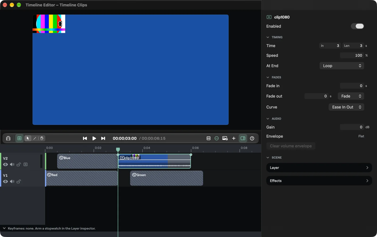 The Timeline Editor on a Mac with a media clip selected and the inspector showing the At End pop-up button set to Loop, and the Add Media button in the edit bar