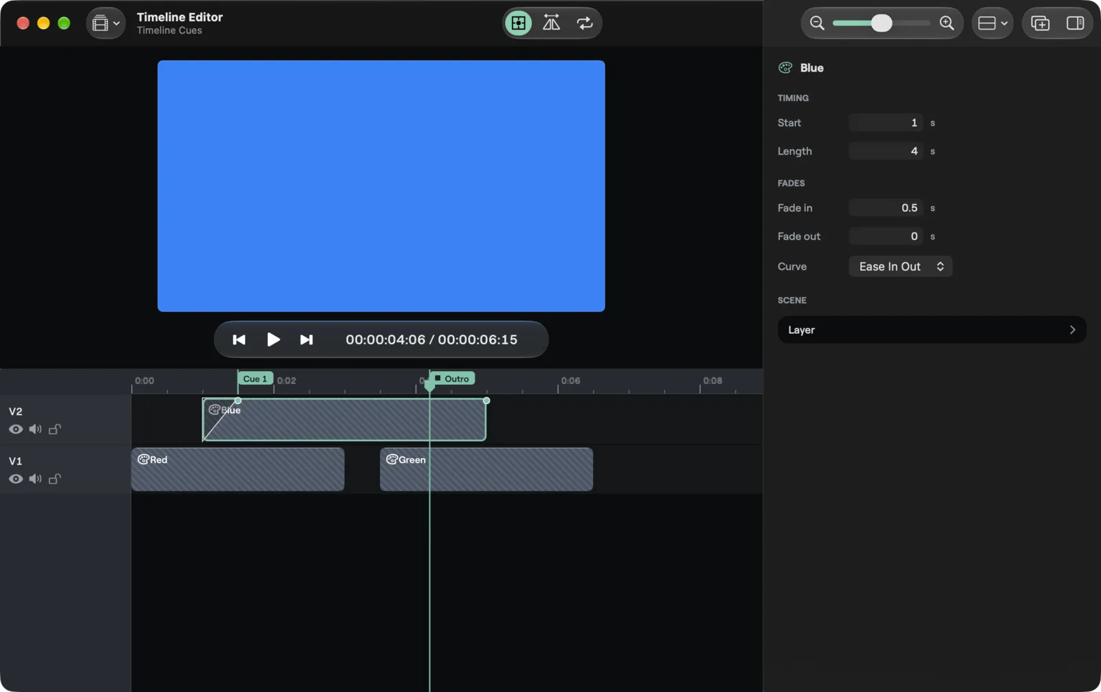 The Timeline Editor with a Blue clip selected on track V2, its fade handles showing, two cue flags on the ruler named Cue 1 and Outro, and the inspector showing the clip's Start, Length, Fades and Curve