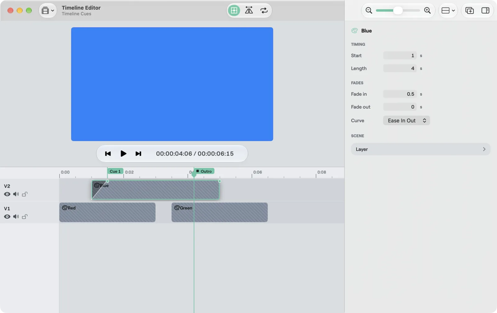 The Timeline Editor with a Blue clip selected on track V2, its fade handles showing, two cue flags on the ruler named Cue 1 and Outro, and the inspector showing the clip's Start, Length, Fades and Curve