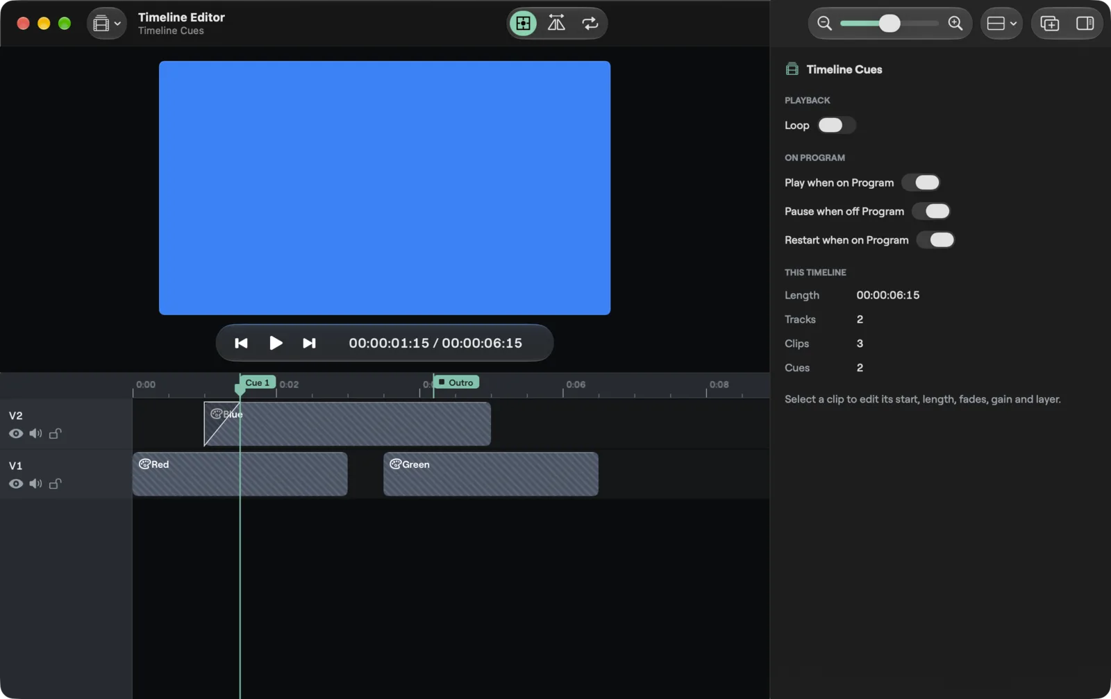 The Timeline Editor on a Mac: the timeline's picture with its transport, the ruler with two cue flags, two tracks V2 and V1 holding clips, and the inspector showing the timeline's settings