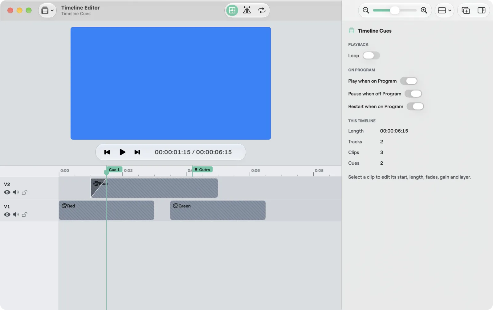 The Timeline Editor on a Mac: the timeline's picture with its transport, the ruler with two cue flags, two tracks V2 and V1 holding clips, and the inspector showing the timeline's settings