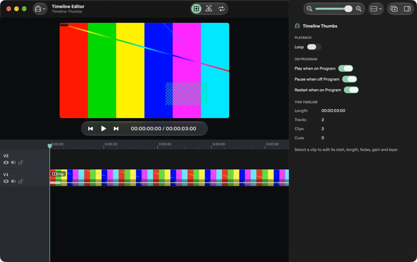 A media clip on track V1 zoomed in, drawn as a filmstrip of pictures with its waveform along the bottom