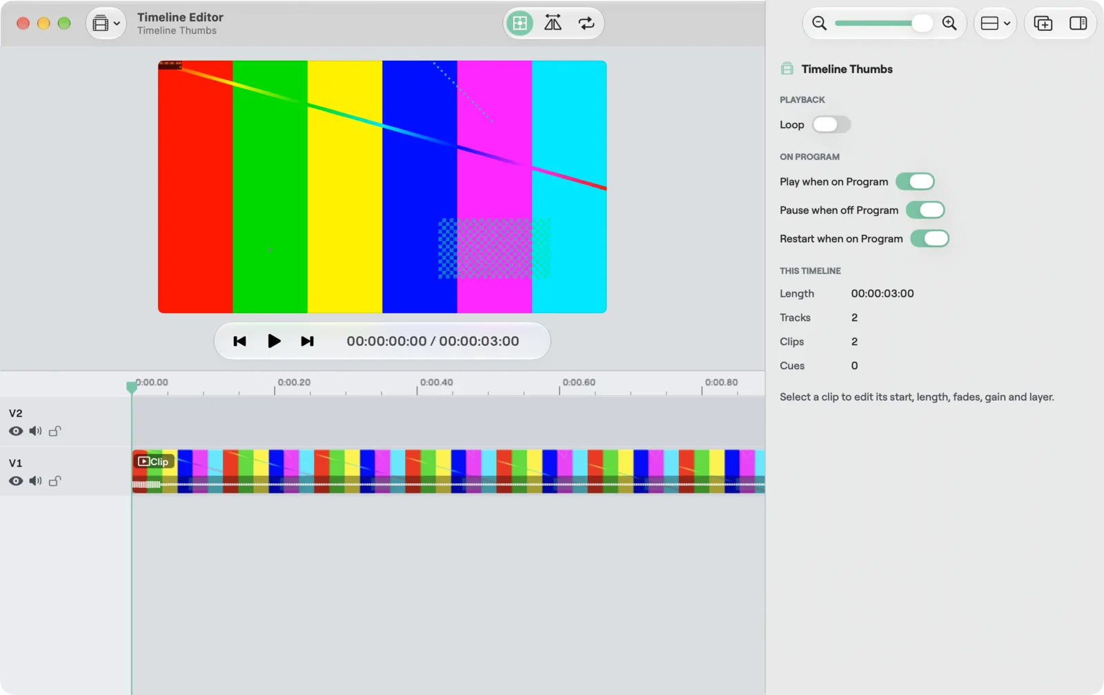 A media clip on track V1 zoomed in, drawn as a filmstrip of pictures with its waveform along the bottom